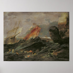 Póster naufragio en una costa rocosa, c.1645-50