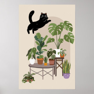 Póster Naughty Black Cat & Monstera Jungle