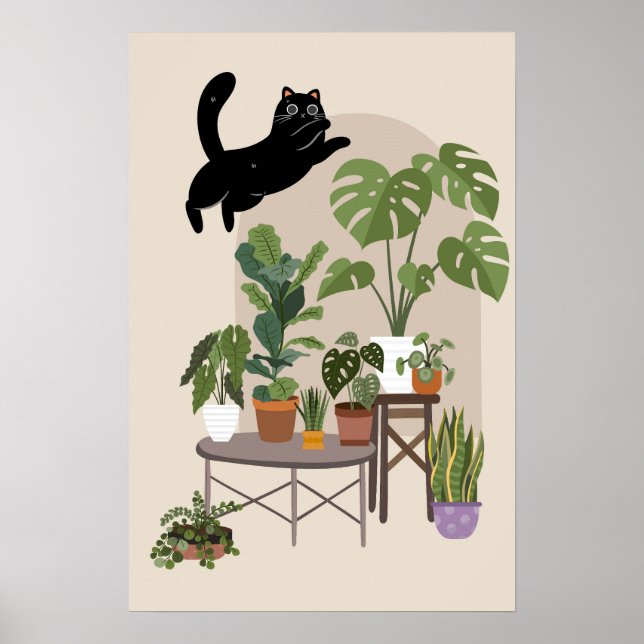 Póster Naughty Black Cat & Monstera Jungle (Frente)