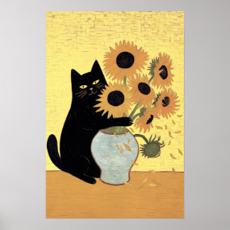 Póster Naughty Black Cat Sunflower Painting Style