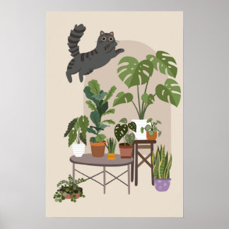 Póster Naughty Grey Tabby Cat & Monstera Jungle