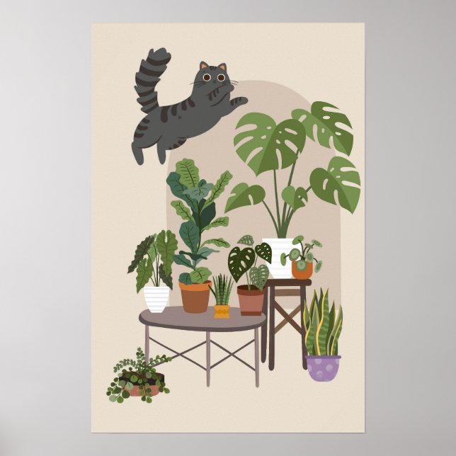 Póster Naughty Grey Tabby Cat & Monstera Jungle (Frente)