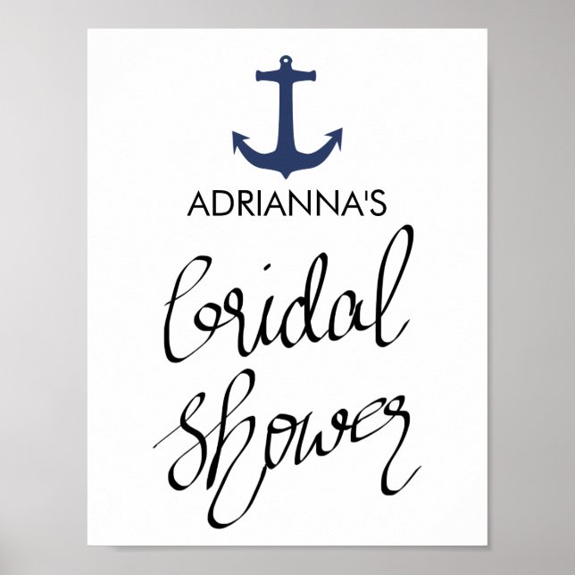 Póster Náutica azul de la marina Ancla Bridal Shower Typo (Frente)