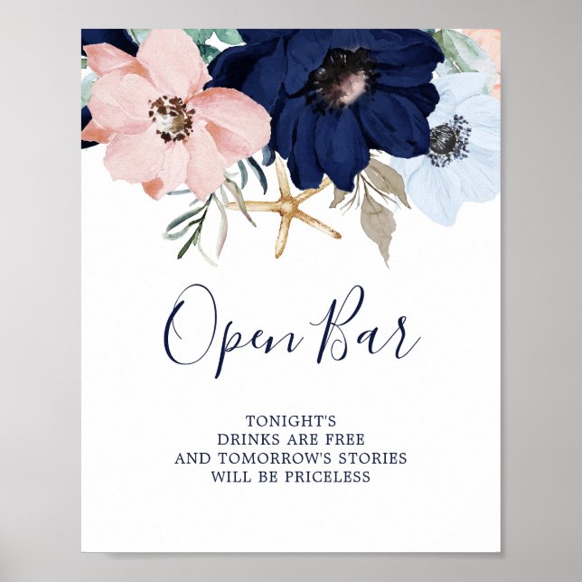 Póster Náutica moderna | Rótulo Floral Open Bar (Frente)