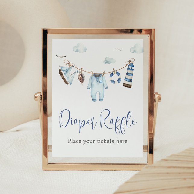 Póster Nautical Ahoy Baby Shower Diaper Raffle (Nautical Sailor Ahoy Baby Shower Diaper Raffle Sign)