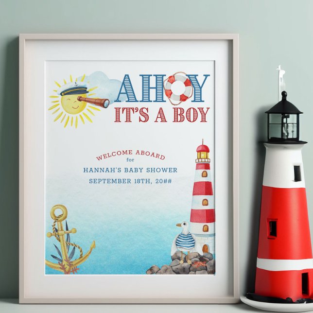 Póster Nautical Ahoy es una bienvenida de Boy Baby Shower (Welcome sign from my Ahoy it's a boy Nautical Baby Shower collection)