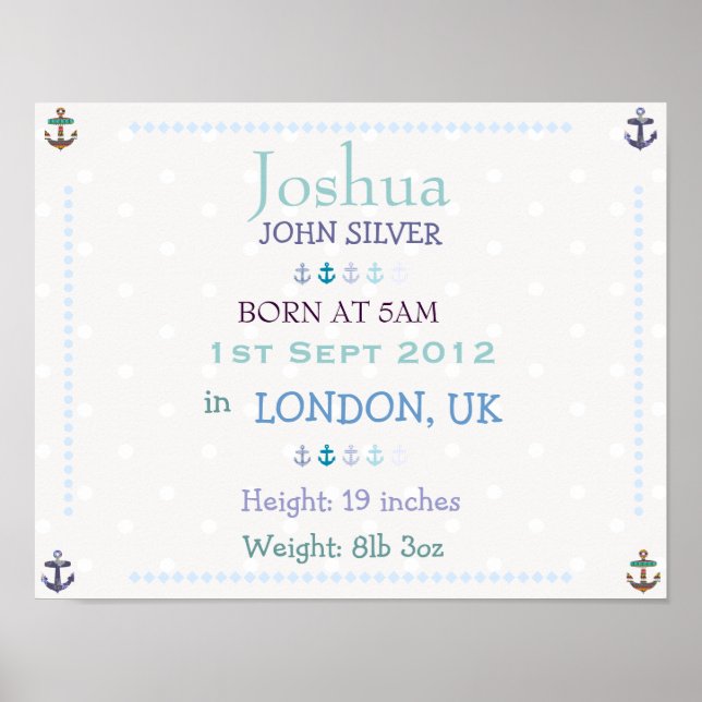 Póster Nautical Baby boy personalized date of birth print (Frente)