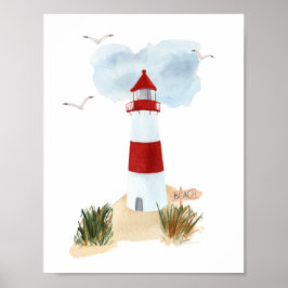 Póster Nautical Beach Red And White Lighthouse Nursery 