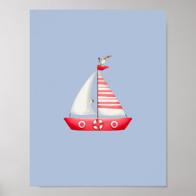 Póster Nautical Beach Red Sailboat With Seagulls Nursery  (Frente)