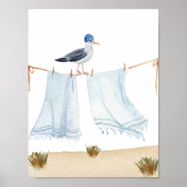 Póster Nautical Beach Seagull With A Hat Laundry Nursery