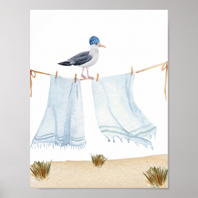 Póster Nautical Beach Seagull With A Hat Laundry Nursery (Frente)