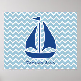 Póster Nautical Blue Sail Boat and Chevron Personalizado