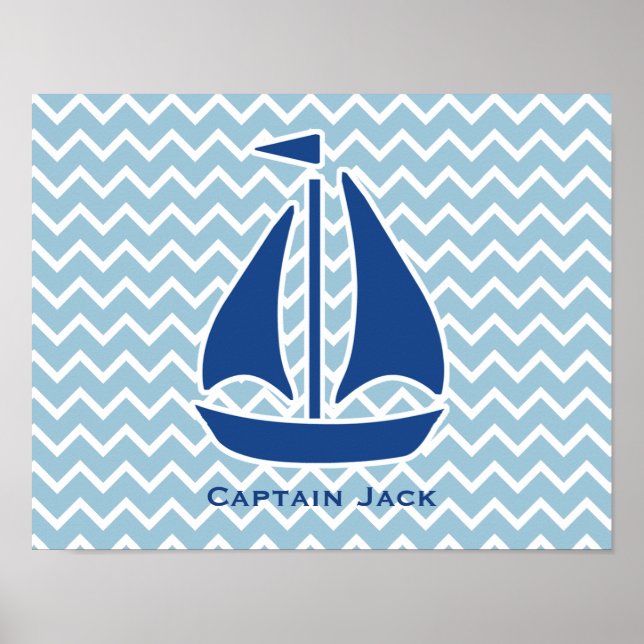 Póster Nautical Blue Sail Boat and Chevron Personalizado (Frente)