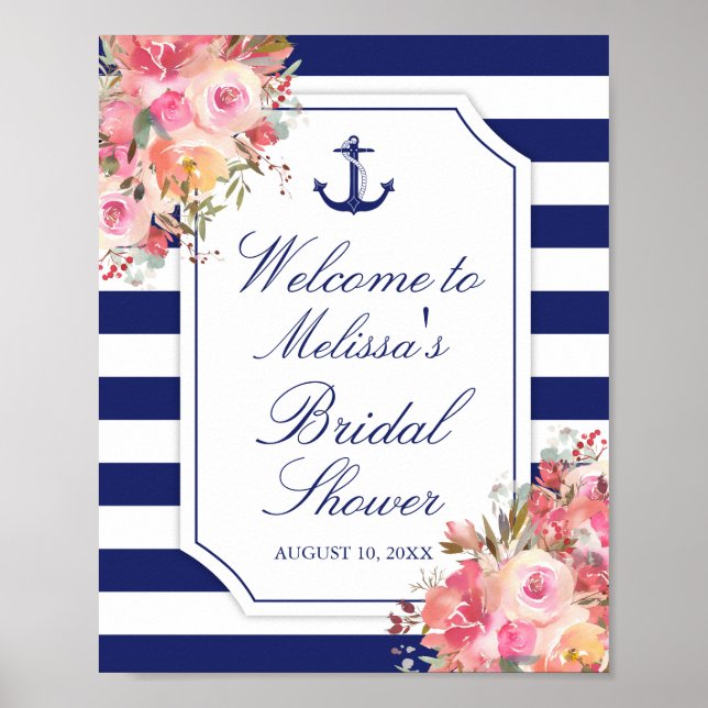 Póster Nautical Floral Anchor Blue Stripe Bridal Shower (Frente)