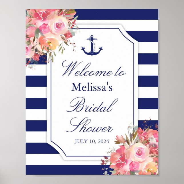 Póster Nautical Floral Anchor Blue Stripe Bridal Shower (Frente)