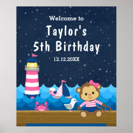 Póster Nautical Girl Monkey Pink Navy Birthday Welcome