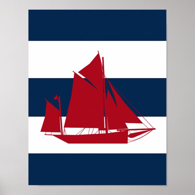 Póster Nautical Sailboat imprimir rojo, naval y blanco (Frente)