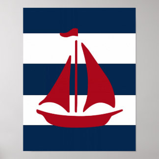 Póster Nautical Sailboat imprimir rojo, naval y blanco