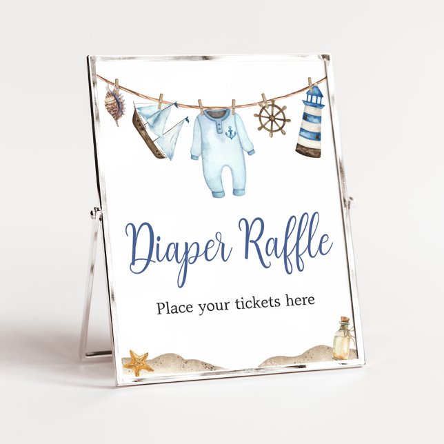 Póster Nautical Sailor Ahoy Baby Shower Diaper Raffle (Nautical Ahoy Baby Shower Diaper Raffle Sign)
