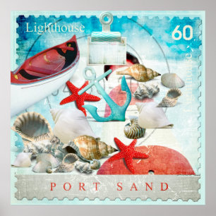 Póster Nautical Seashells Anchor Starfish Beach Theme