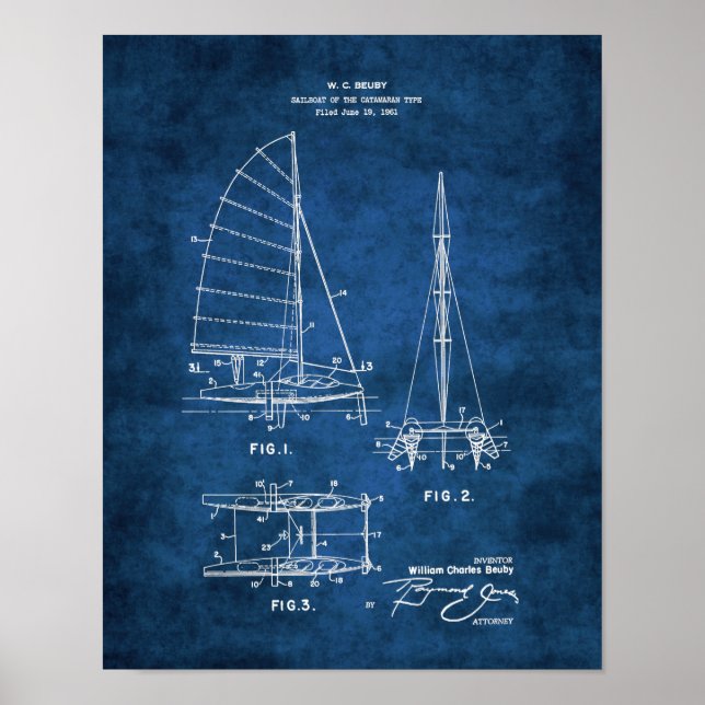 Póster Nautical Wall Decour Nursery Sailboat Blueprint #6 (Frente)