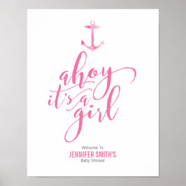 Póster Nautical Watercolor Anchor Pink Baby Shower Welcom