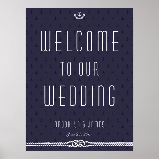 Póster Nautical Wedding Reception Sign 18x24 Blue Anchors (Frente)