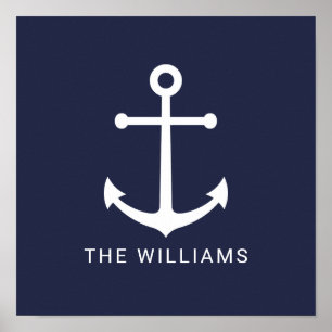 Póster Nautical White Anchor y nombre personalizado en az