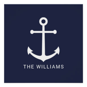 Póster Nautical White Anchor y nombre personalizado en az