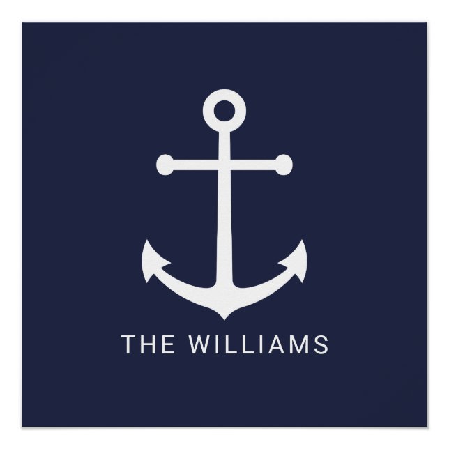 Póster Nautical White Anchor y nombre personalizado en az (Anverso)