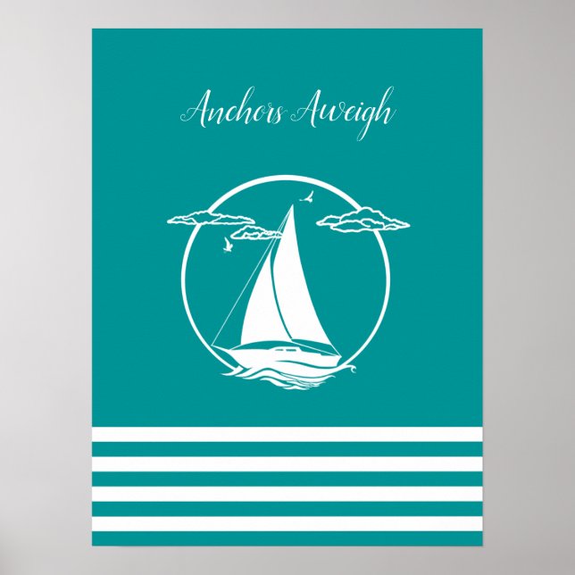 Póster Nautical white sailboat silhouette/anchors aweigh (Frente)