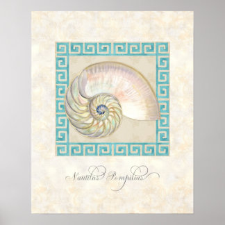 Póster Nautilus Shell acuarela Griega Key Damask Beach