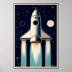Póster Nave espacial retro de la era espacial de los 50