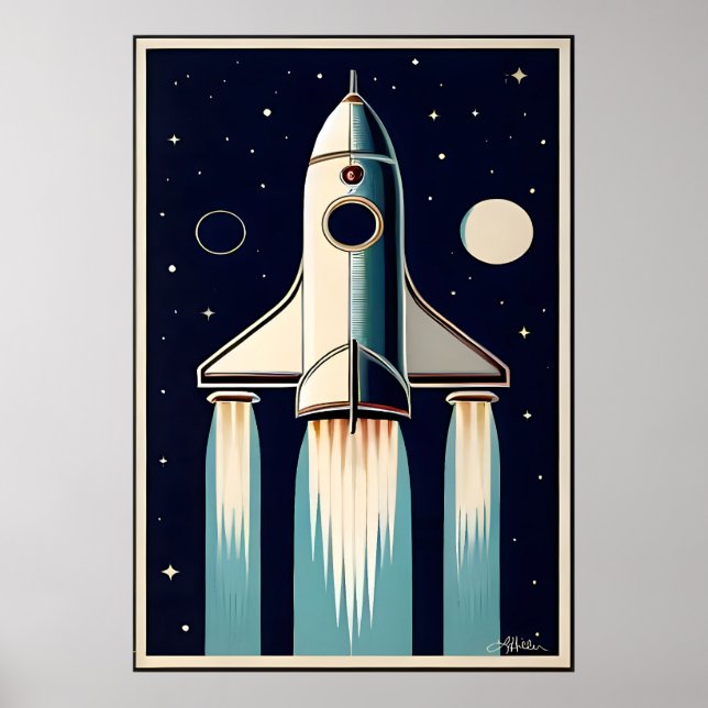 Póster Nave espacial retro de la era espacial de los 50 (Frente)