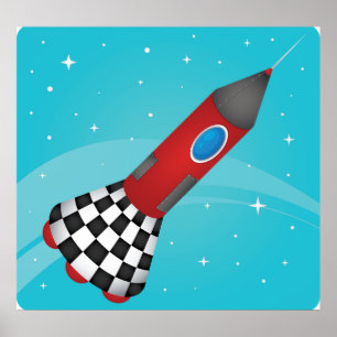 Póster Nave Espacial Retro Rojo Cohete Galáctico