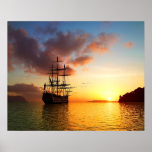 Póster Navegación en velero al atardecer de verano, foto 