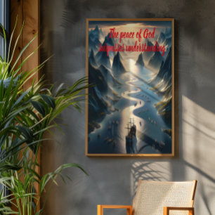 Póster Navegación Serene: Barco, Agua, Montañas