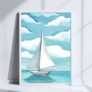 Póster Navegando en Azul Olas del Océano Acuarela