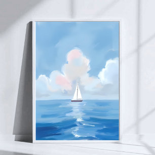 Póster Navegando en Azul   Pintura del Océano de Barco de