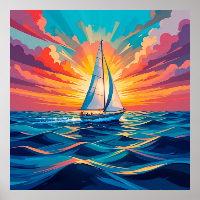 Póster Navegar en barco por el mar durante una impresiona (Frente)