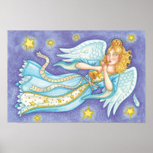 Póster Navidad adorable, ángel músico tocando su cuerno