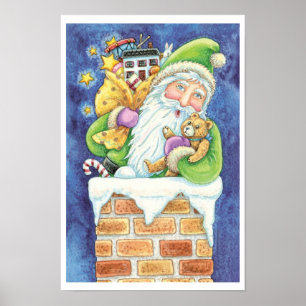 Póster Navidad adorable, Santa Claus en chimenea con jugu