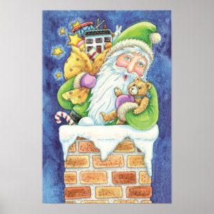 Póster Navidad adorable, Santa Claus en chimenea con jugu