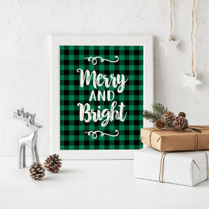 Póster Navidad Alegre y Brillante Plaid Búfalo Verde