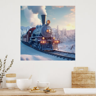 Póster Navidad Antiguo Tren de Vapor Bosque Helado