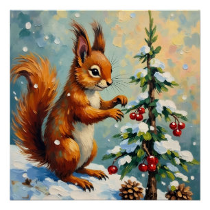 Póster Navidad Ardilla Roja Pino Vintage