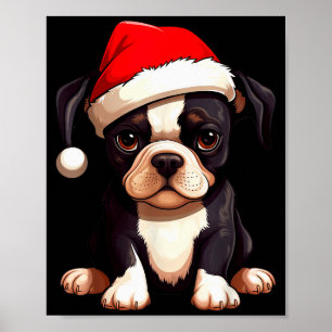 Póster Navidad Boston Terrier Perro Gorro de Santa Divert