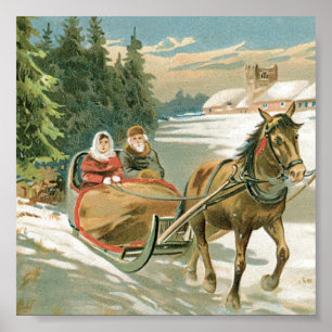 Póster Navidad caballo y trineo