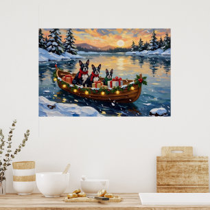Póster Navidad con barco de Boston Terrier