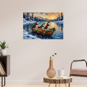 Póster Navidad con barco de Husky Siberiano